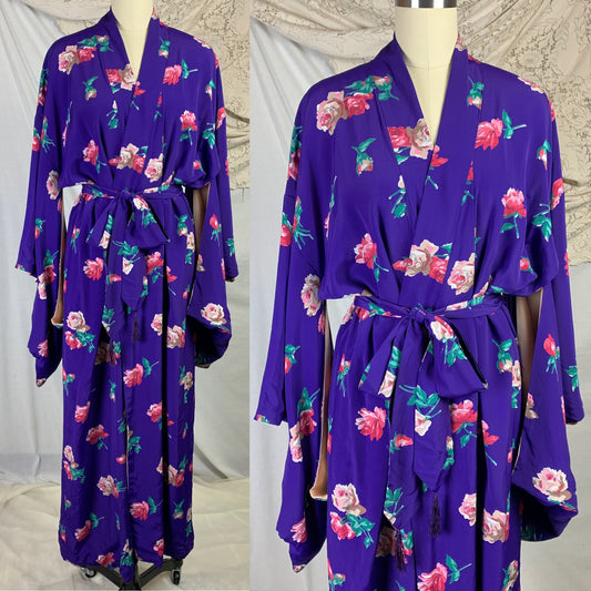 Vintage 1940's Japanese Kimono Robe | Plum Purple Silk with Pink Rose Print & Tassel Sash Tie | Size Free - Daggers & Dames