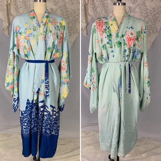 Vintage 1940's Japanese Kimono Robe | Reversible Sky Blue & Mint Green Hayashi Floral Printed Silk Crepe | Size Free - Daggers & Dames