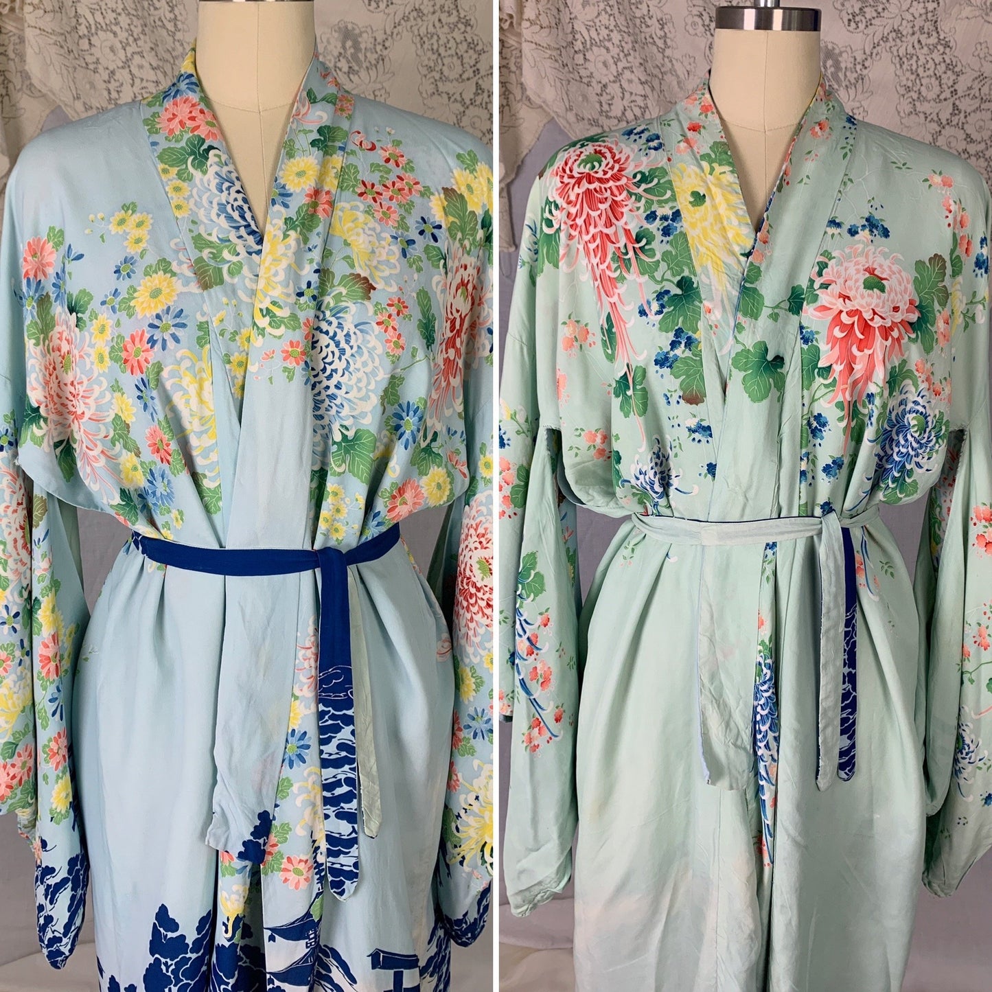 Vintage 1940's Japanese Kimono Robe | Reversible Sky Blue & Mint Green Hayashi Floral Printed Silk Crepe | Size Free - Daggers & Dames