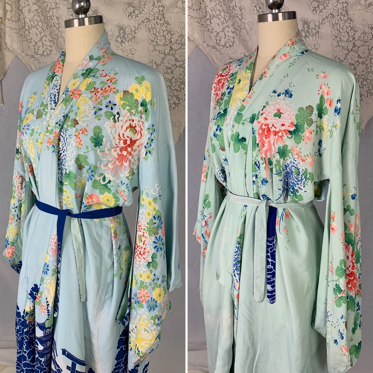Vintage 1940's Japanese Kimono Robe | Reversible Sky Blue & Mint Green Hayashi Floral Printed Silk Crepe | Size Free - Daggers & Dames