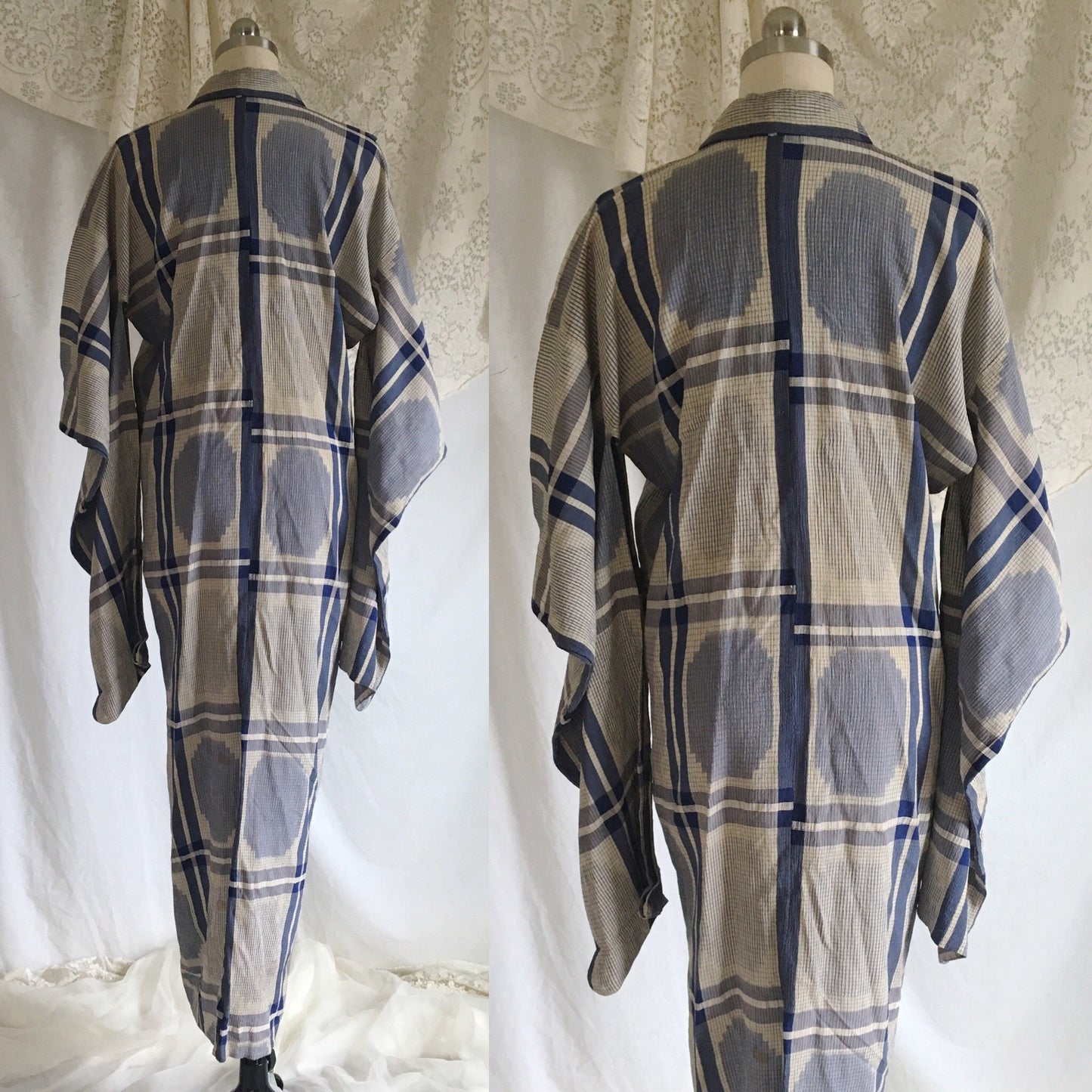 Vintage 1940's Kimono | Blue Crepe Silk | Geometric Pattern | Size SM/LG - Daggers & Dames