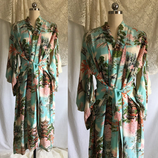 Vintage 1940's Kimono Robe | Turquoise Silk Crepe with Coral, Green & White | Size Free - Daggers & Dames
