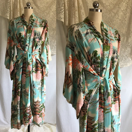 Vintage 1940's Kimono Robe | Turquoise Silk Crepe with Coral, Green & White | Size Free - Daggers & Dames