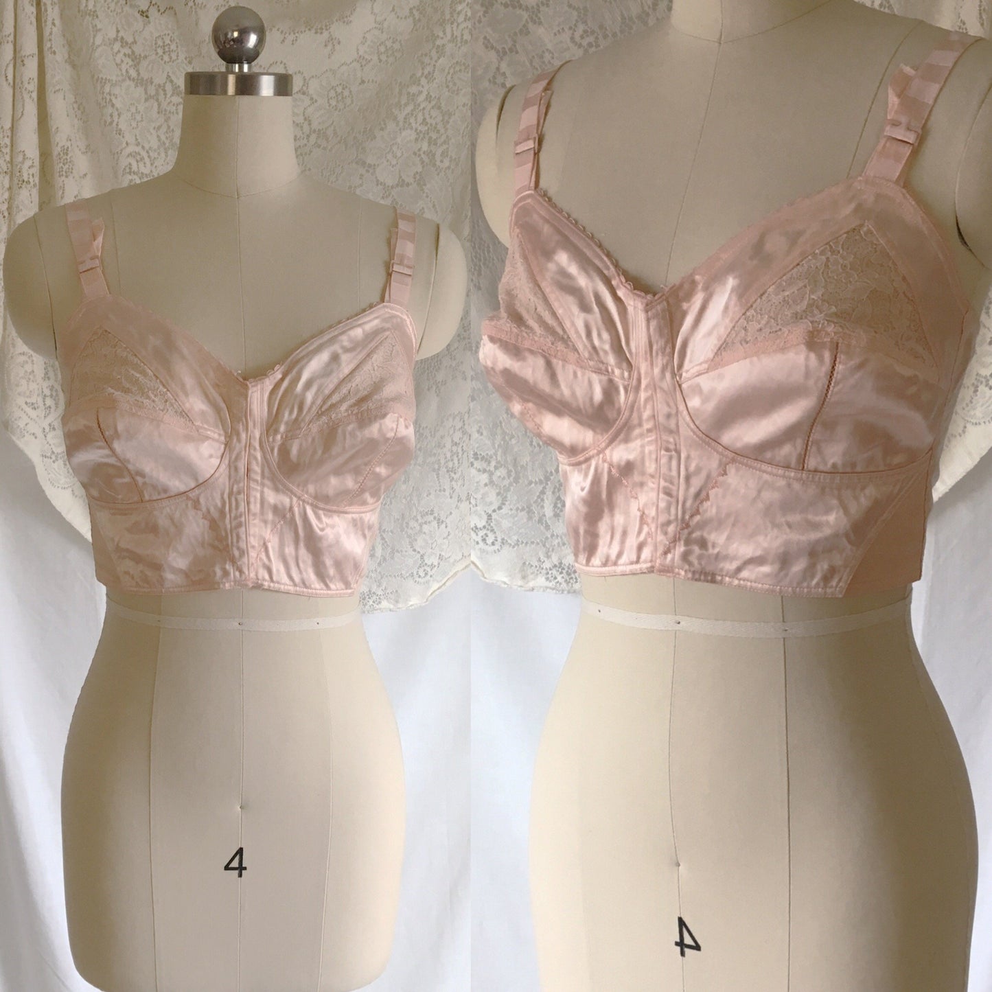 Vintage 1940's Longline Bra | Bubblegum Pink Satin & Lace with Bullet Cups | Bellavita | Size 38 B, 36 C - Daggers & Dames