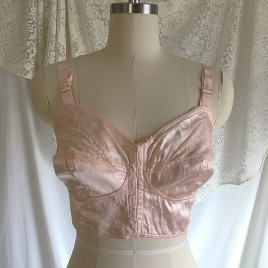 Vintage 1940's Longline Bra | Bubblegum Pink Satin & Lace with Bullet Cups | Bellavita | Size 38 B, 36 C - Daggers & Dames