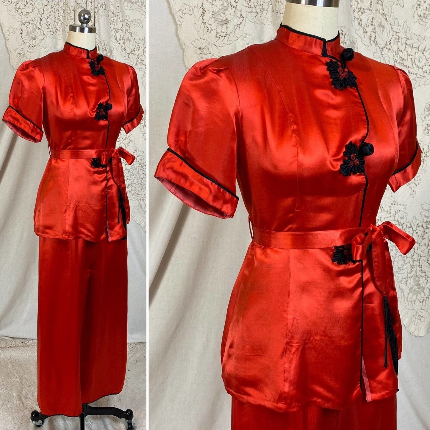 Vintage 1940's Lounge Set | Bright Red Silk with Frog Buttons & Fringe Sash Tie | Size XS, S | Made in China - Daggers & Dames