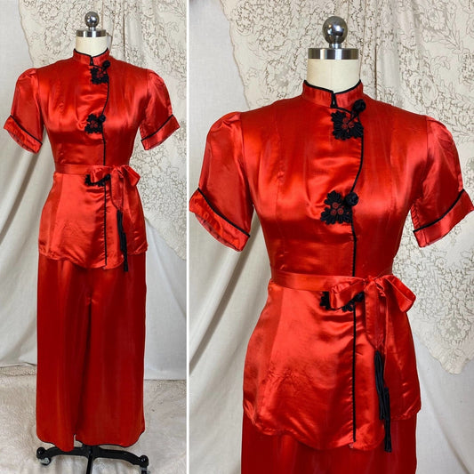 Vintage 1940's Lounge Set | Bright Red Silk with Frog Buttons & Fringe Sash Tie | Size XS, S | Made in China - Daggers & Dames