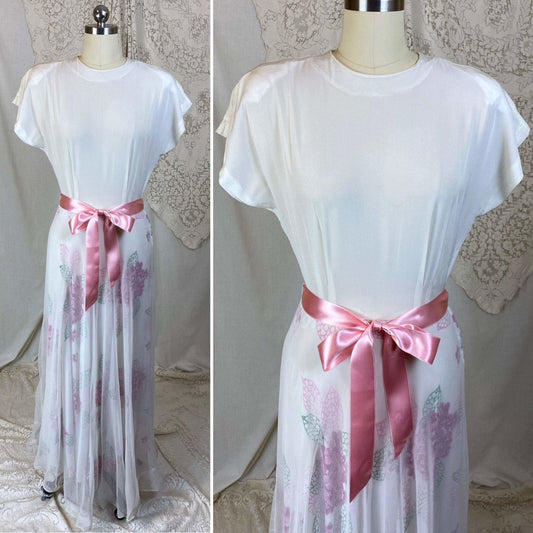 Vintage 1940's Maxi Dress | Crisp White Rayon Crepe with Bold Pink Floral Print & Net Overlay | Size S, XS - Daggers & Dames