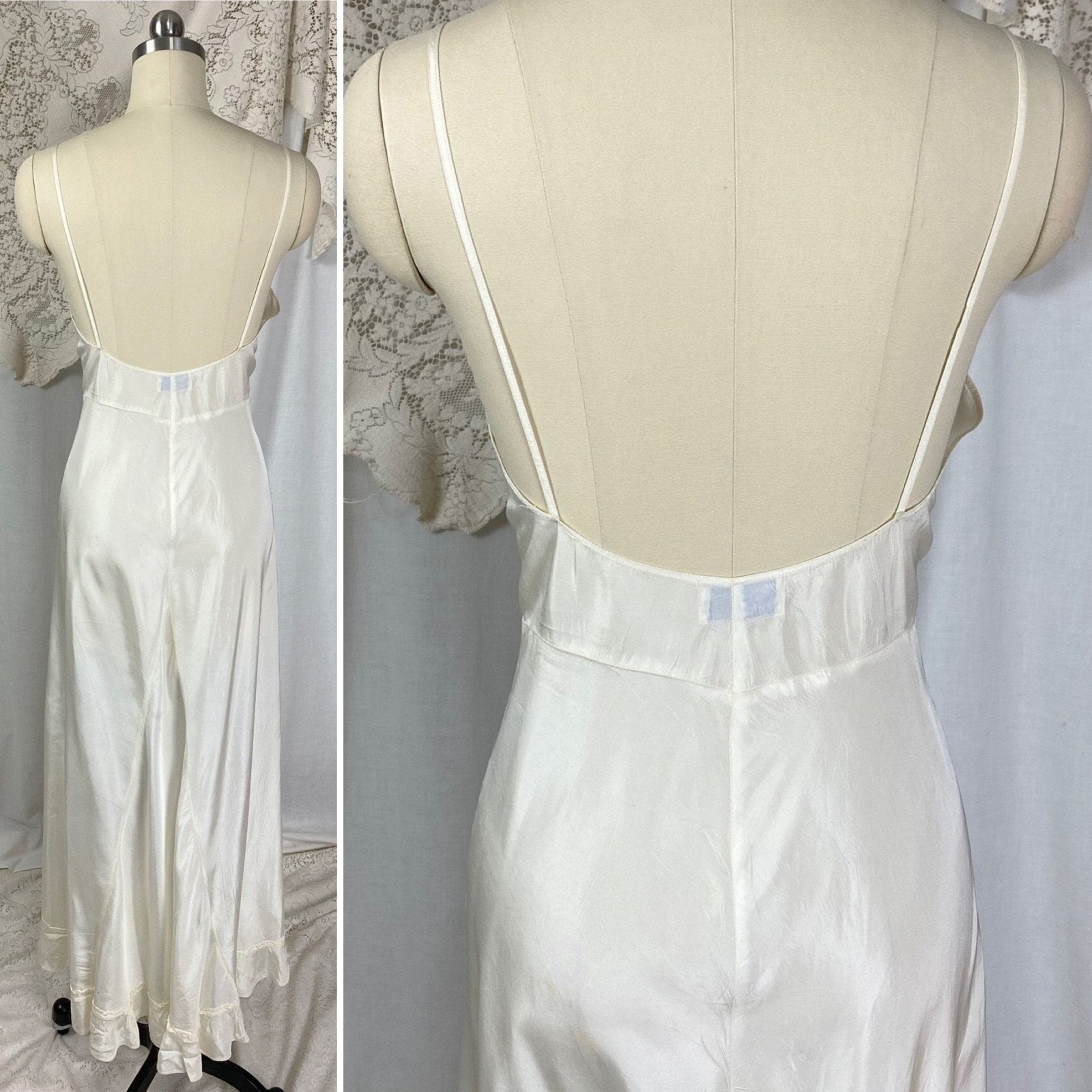 Vintage 1940's Maxi Slip Dress | Semi Sheer White Rayon Celanese with Low Back & Ruffled Hem | Size S, M | Mary Barron - Daggers & Dames