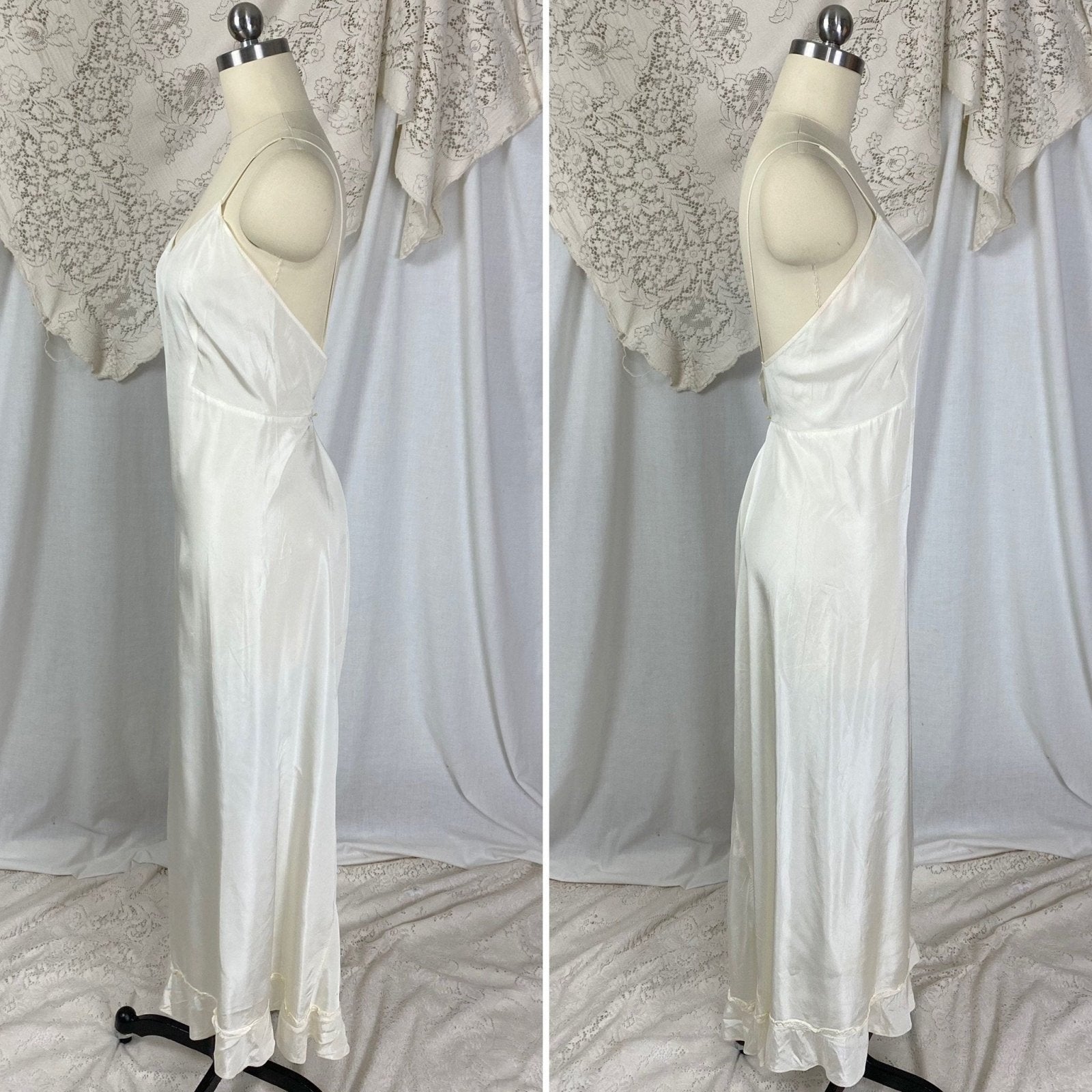 Vintage 1940's Maxi Slip Dress | Semi Sheer White Rayon Celanese with Low Back & Ruffled Hem | Size S, M | Mary Barron - Daggers & Dames