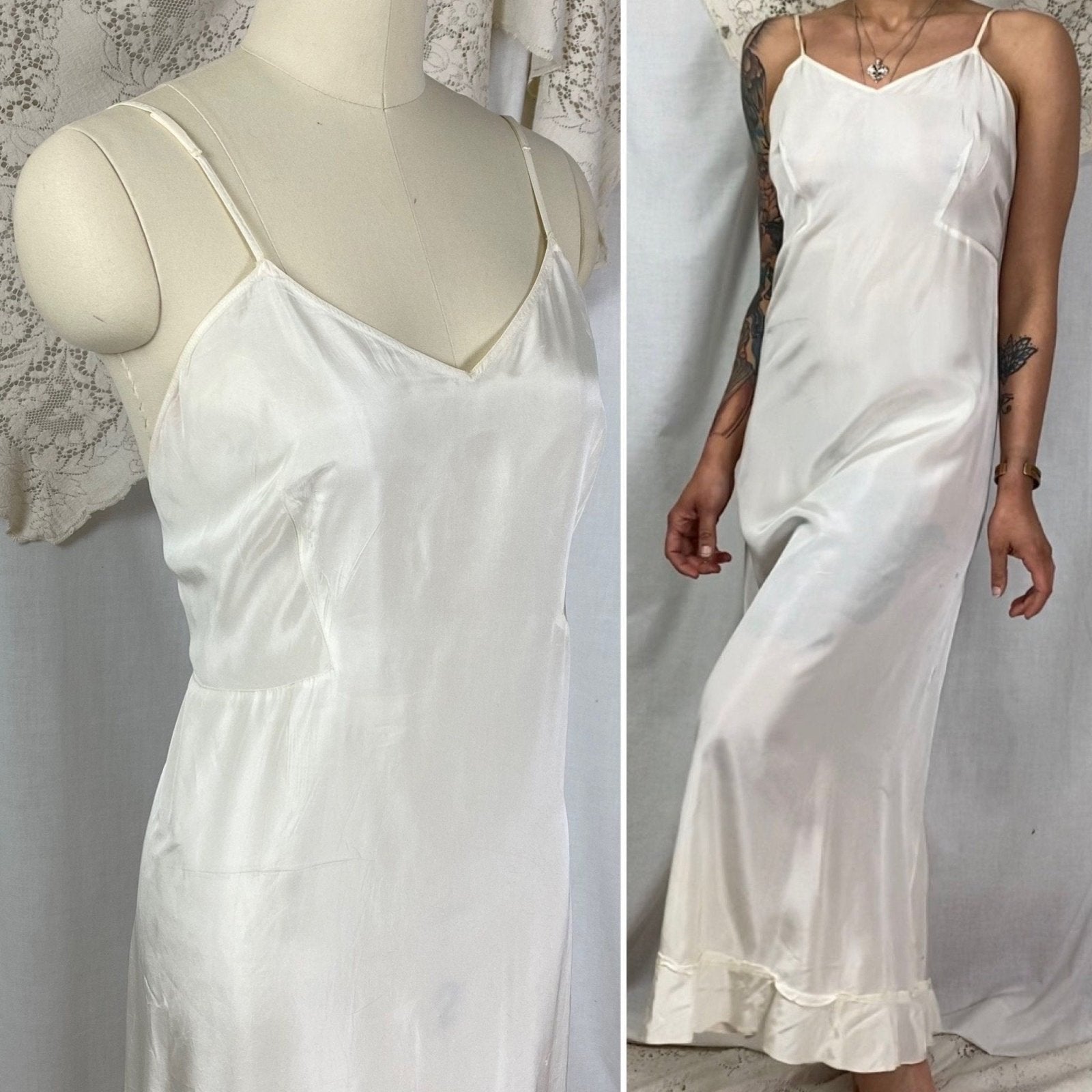 Vintage 1940's Maxi Slip Dress | Semi Sheer White Rayon Celanese with Low Back & Ruffled Hem | Size S, M | Mary Barron - Daggers & Dames