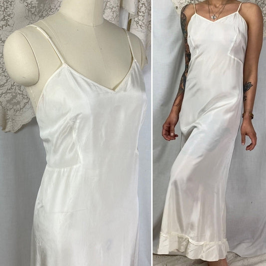 Vintage 1940's Maxi Slip Dress | Semi Sheer White Rayon Celanese with Low Back & Ruffled Hem | Size S, M | Mary Barron - Daggers & Dames