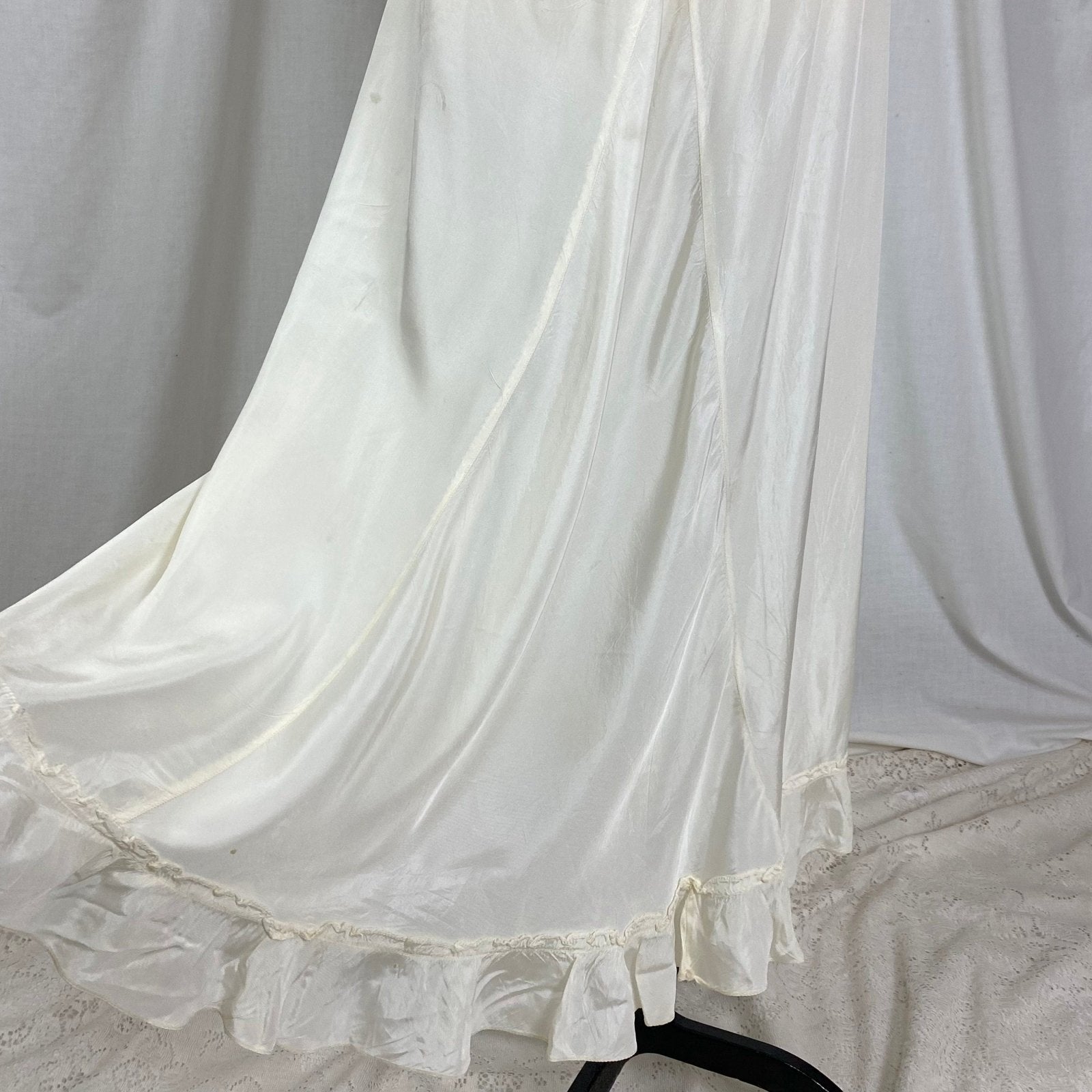 Vintage 1940's Maxi Slip Dress | Semi Sheer White Rayon Celanese with Low Back & Ruffled Hem | Size S, M | Mary Barron - Daggers & Dames