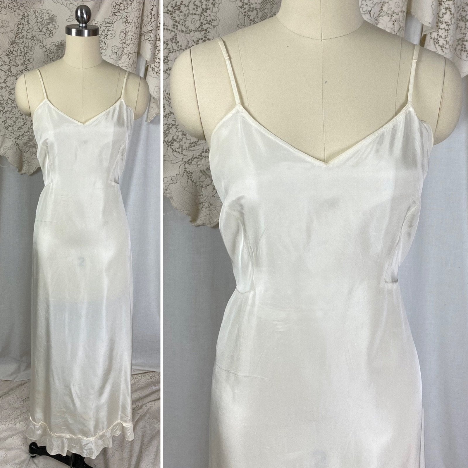 Vintage 1940's Maxi Slip Dress | Semi Sheer White Rayon Celanese with Low Back & Ruffled Hem | Size S, M | Mary Barron - Daggers & Dames