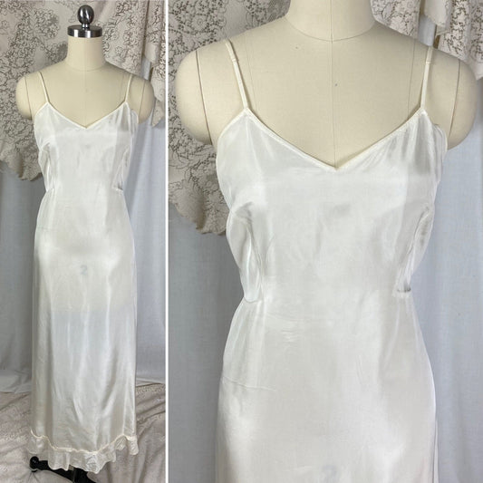 Vintage 1940's Maxi Slip Dress | Semi Sheer White Rayon Celanese with Low Back & Ruffled Hem | Size S, M | Mary Barron - Daggers & Dames