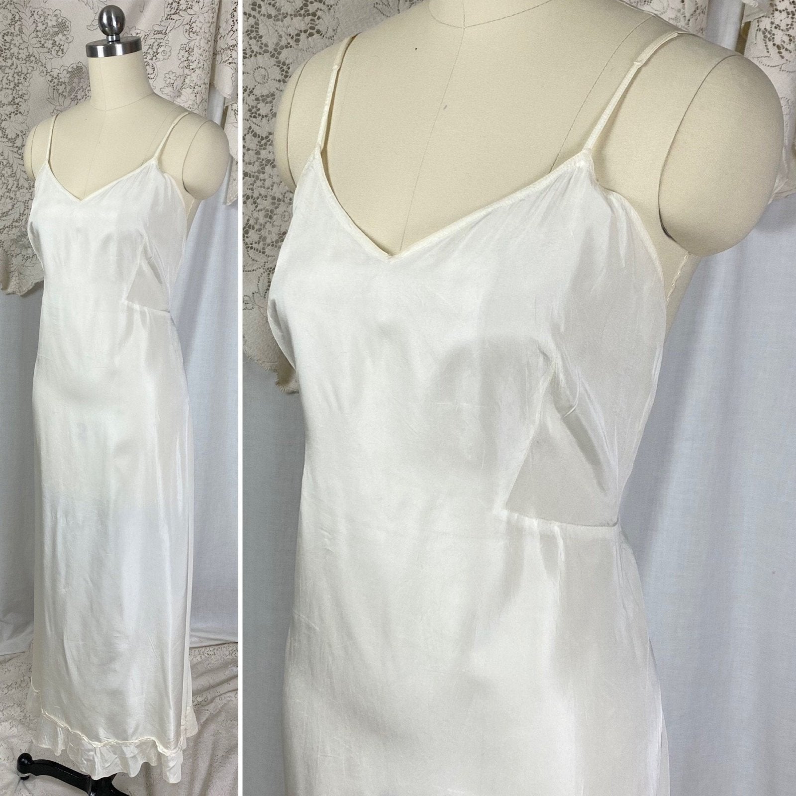 Vintage 1940's Maxi Slip Dress | Semi Sheer White Rayon Celanese with Low Back & Ruffled Hem | Size S, M | Mary Barron - Daggers & Dames