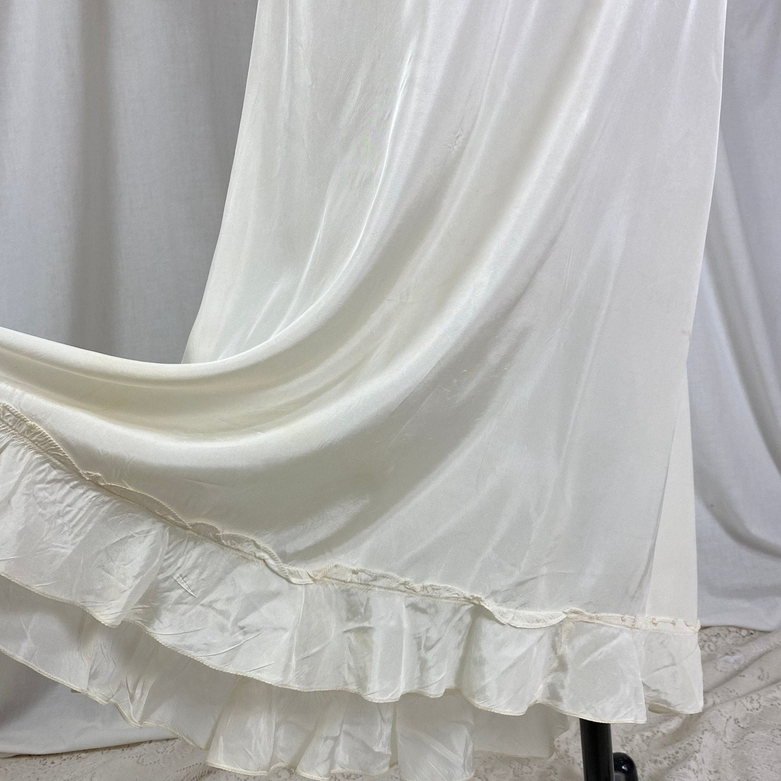 Vintage 1940's Maxi Slip Dress | Semi Sheer White Rayon Celanese with Low Back & Ruffled Hem | Size S, M | Mary Barron - Daggers & Dames