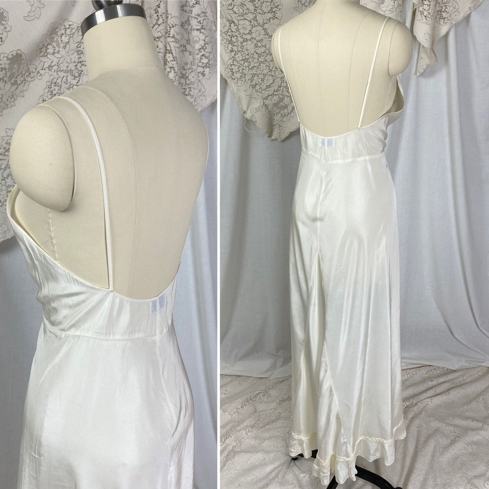 Vintage 1940's Maxi Slip Dress | Semi Sheer White Rayon Celanese with Low Back & Ruffled Hem | Size S, M | Mary Barron - Daggers & Dames