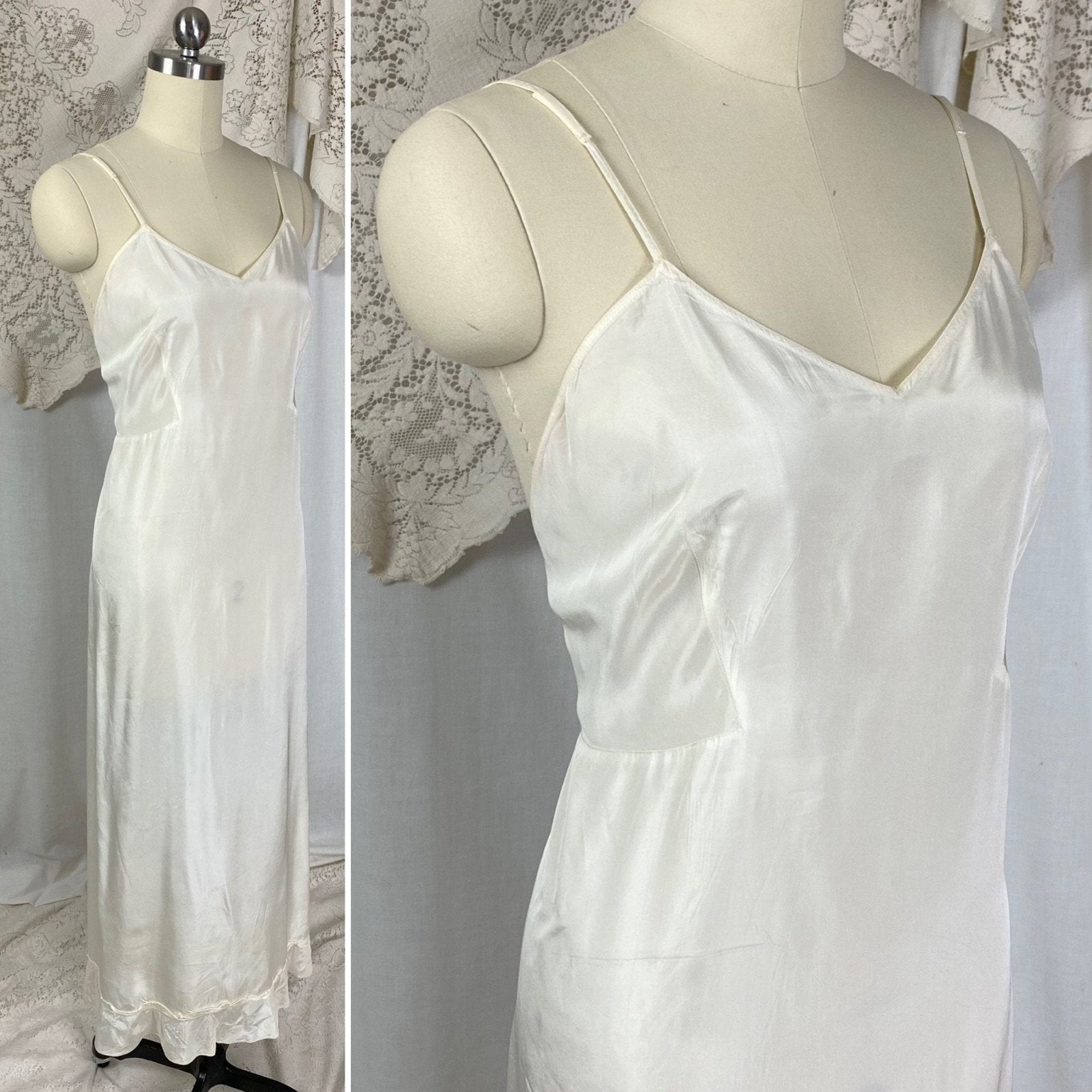 Vintage 1940's Maxi Slip Dress | Semi Sheer White Rayon Celanese with Low Back & Ruffled Hem | Size S, M | Mary Barron - Daggers & Dames