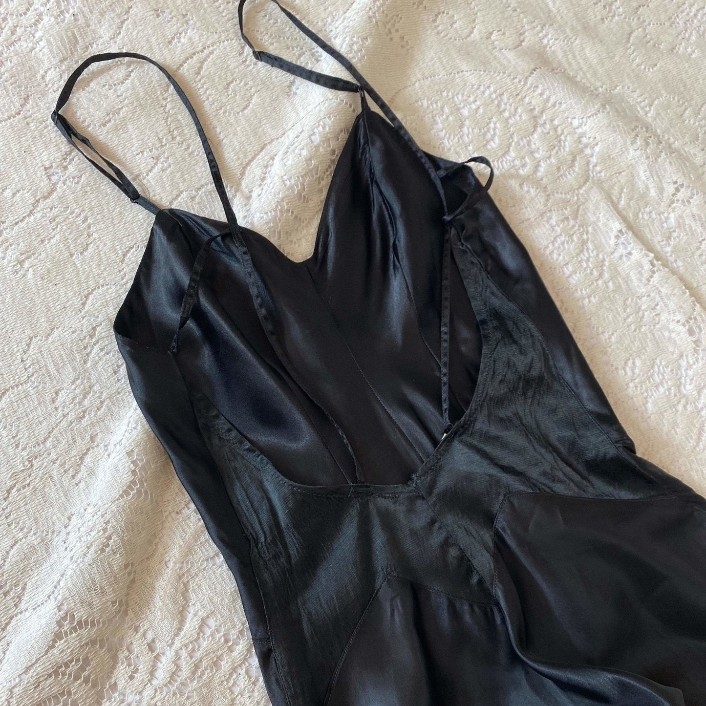 Vintage 1940's Maxi Slip | Inky Black Rayon Satin with Low Back | Size XXS | Sullette - Daggers & Dames