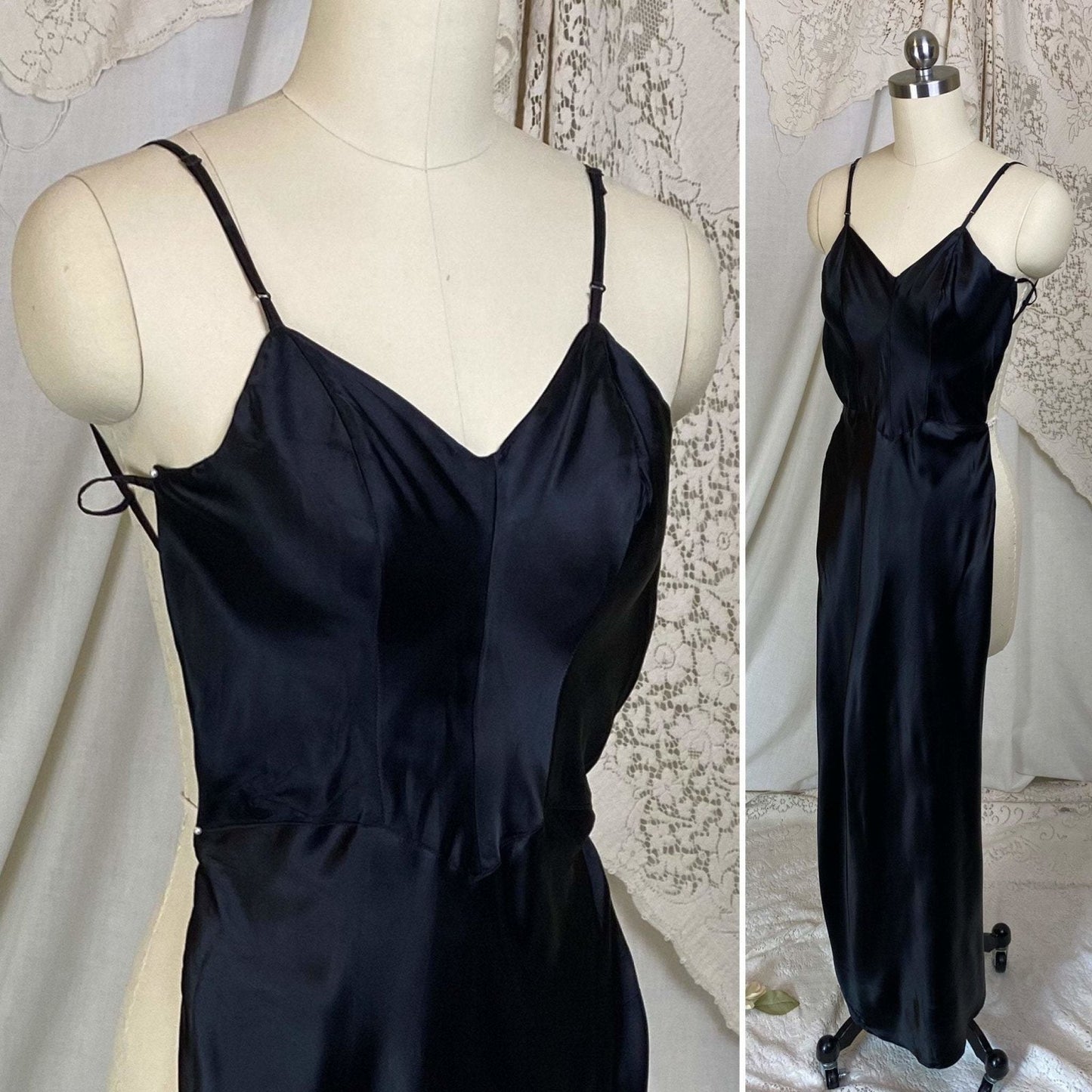 Vintage 1940's Maxi Slip | Inky Black Rayon Satin with Low Back | Size XXS | Sullette - Daggers & Dames