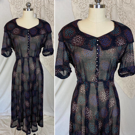 Vintage 1940's Midi Dress | Black Sheer Cotton Organza with Floral Print & Rhinestone Buttons | Size M, LG | Classic Lady - Daggers & Dames