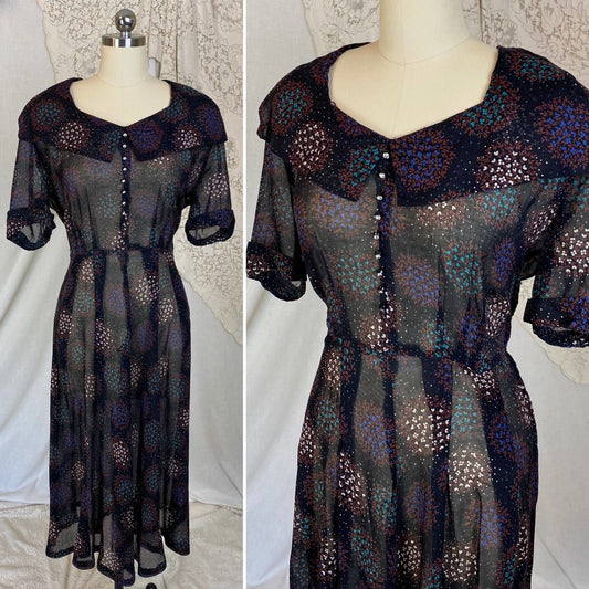 Vintage 1940's Midi Dress | Black Sheer Cotton Organza with Floral Print & Rhinestone Buttons | Size M, LG | Classic Lady - Daggers & Dames