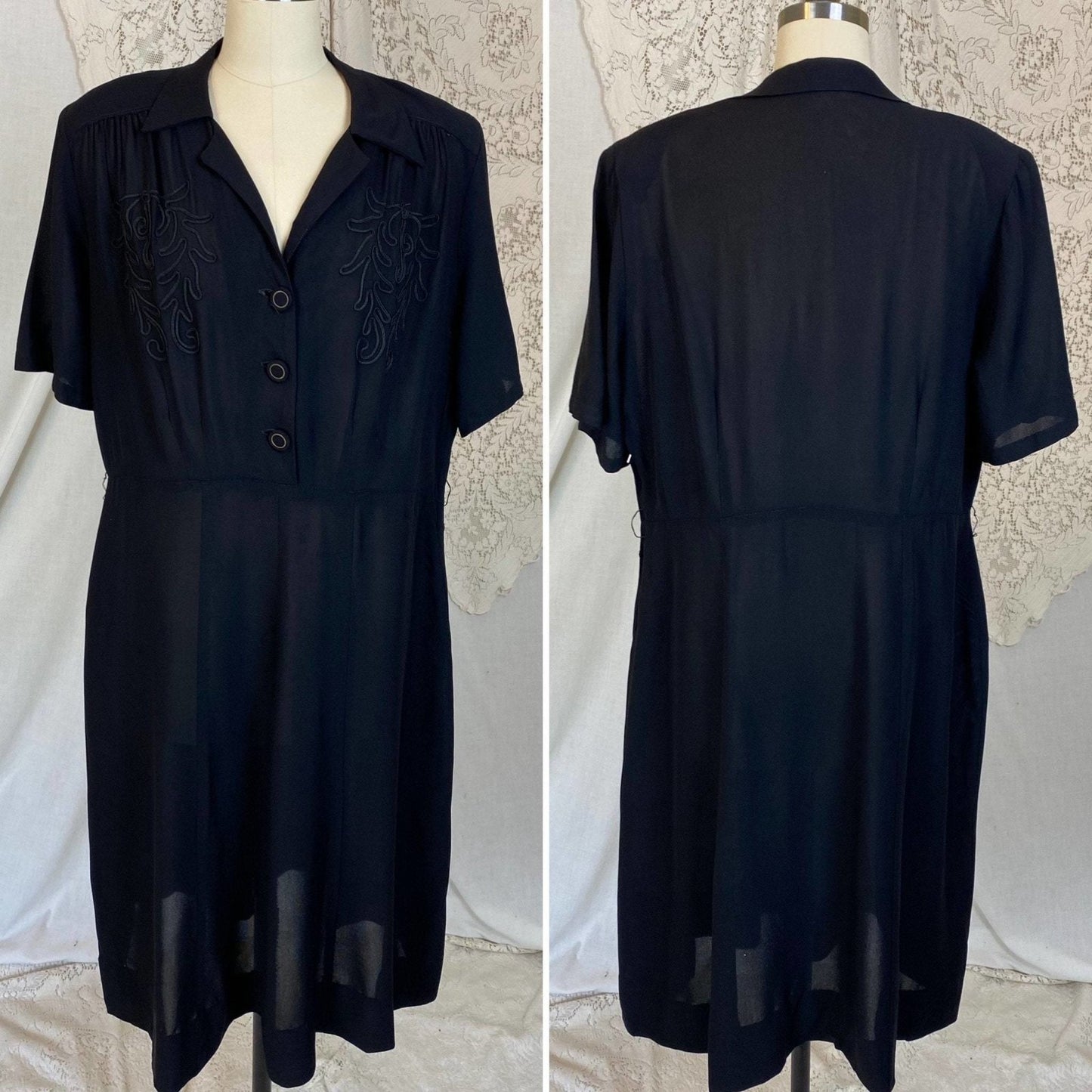 Vintage 1940's Midi Dress | Semi-Sheer Black Rayon Knit | Size XLG - Daggers & Dames