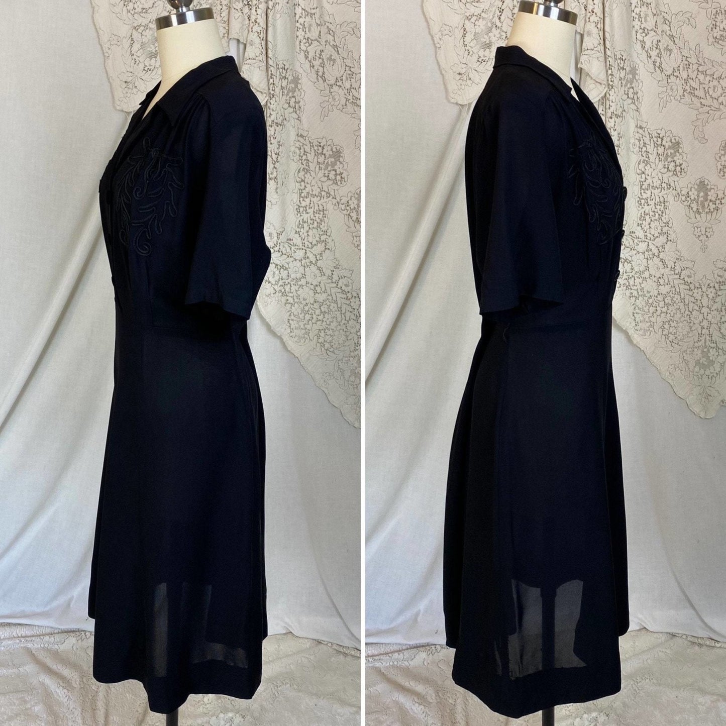 Vintage 1940's Midi Dress | Semi-Sheer Black Rayon Knit | Size XLG - Daggers & Dames