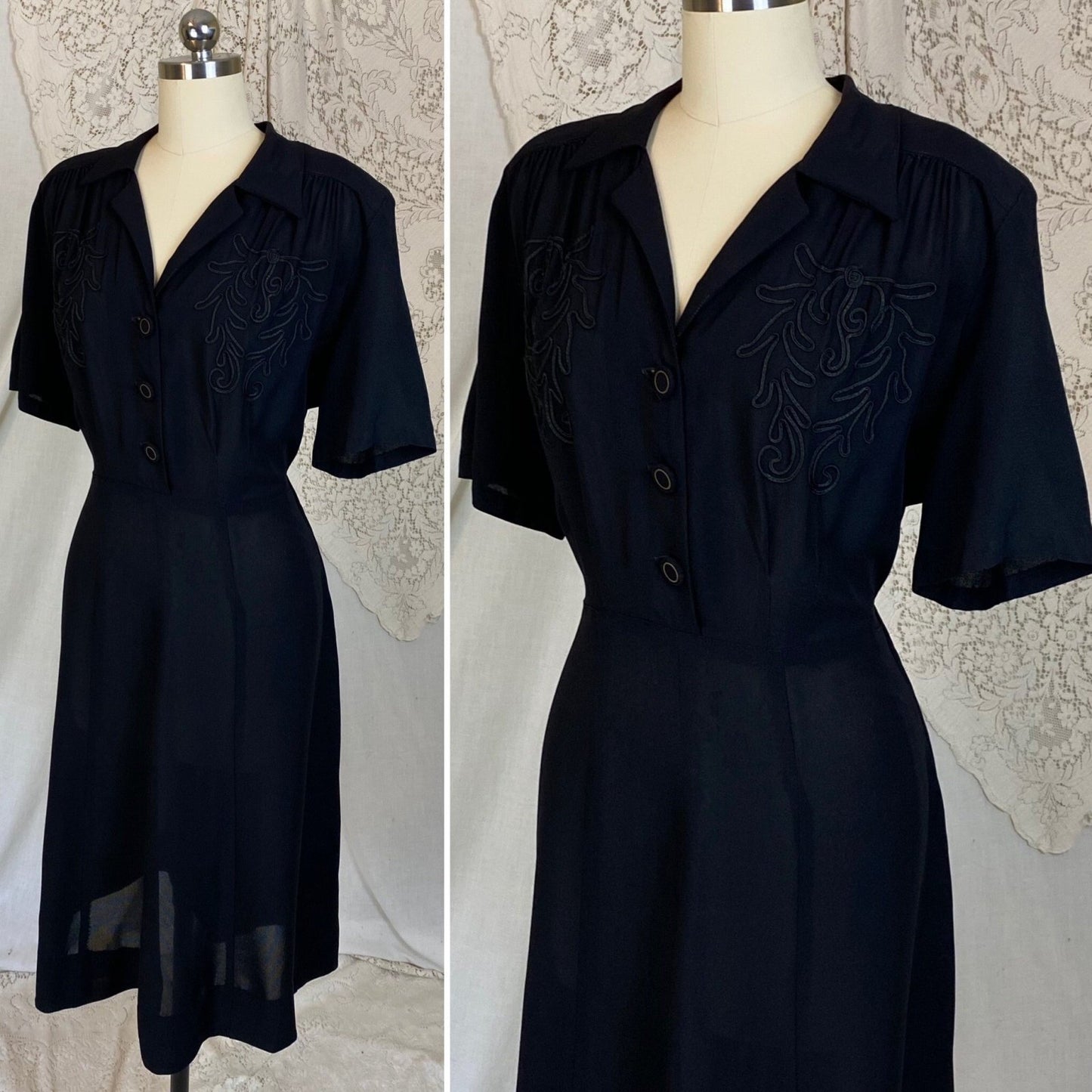 Vintage 1940's Midi Dress | Semi-Sheer Black Rayon Knit | Size XLG - Daggers & Dames