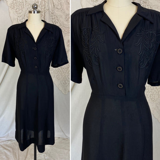 Vintage 1940's Midi Dress | Semi-Sheer Black Rayon Knit | Size XLG - Daggers & Dames