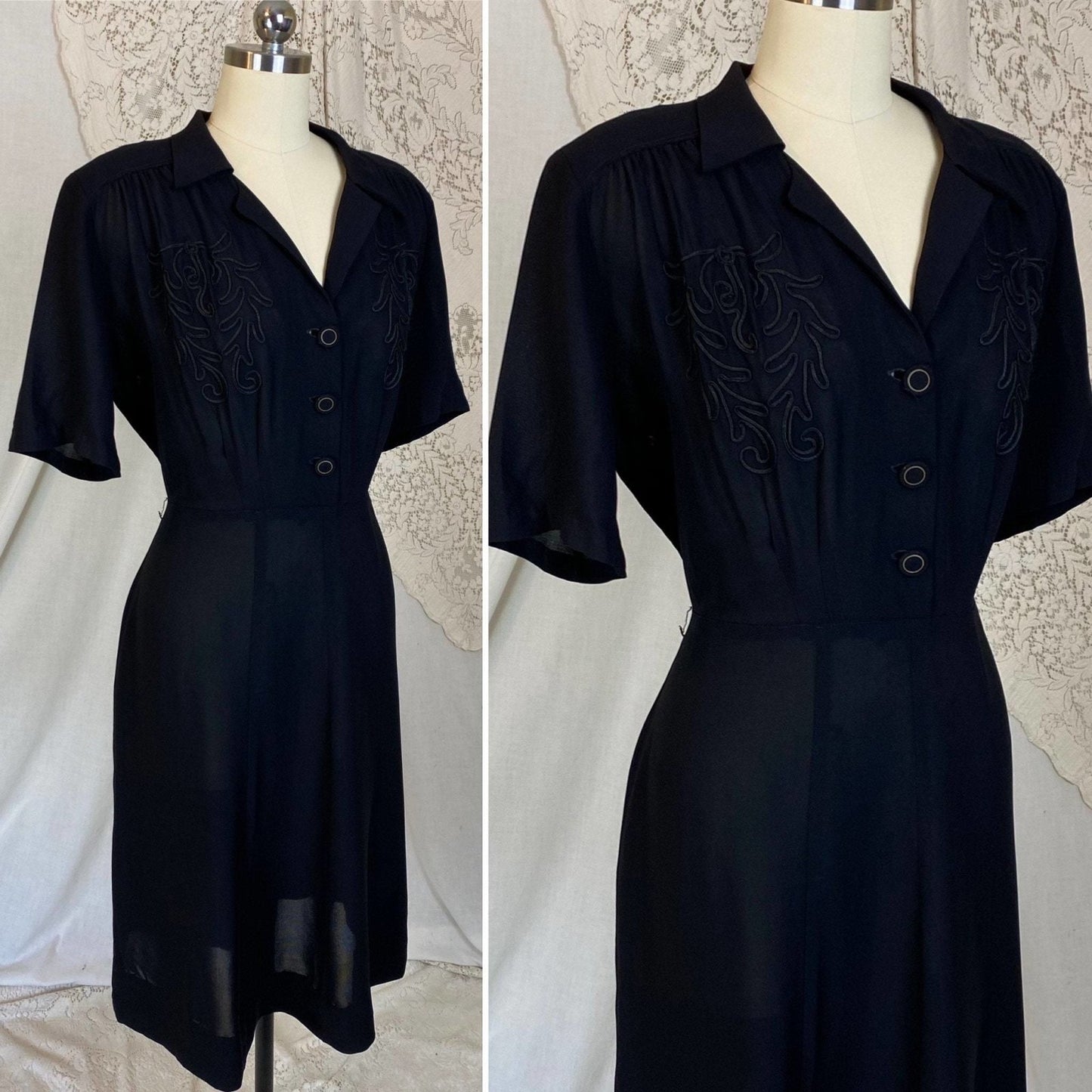 Vintage 1940's Midi Dress | Semi-Sheer Black Rayon Knit | Size XLG - Daggers & Dames