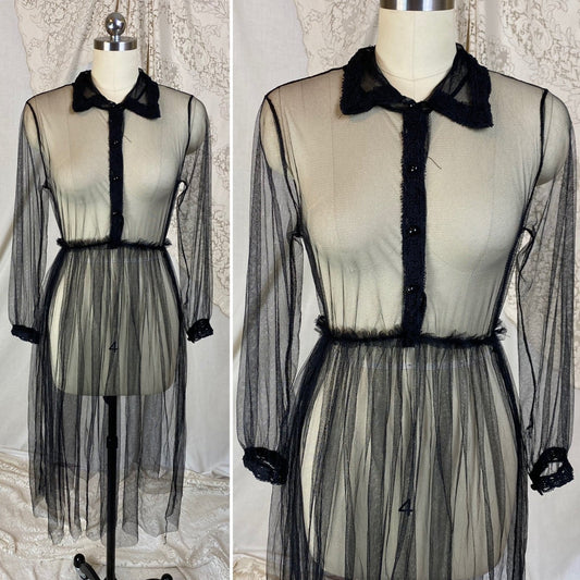 Vintage 1940s Midi Dress | Sheer Black Net with Lace Trim | Size XS, S, M - Daggers & Dames
