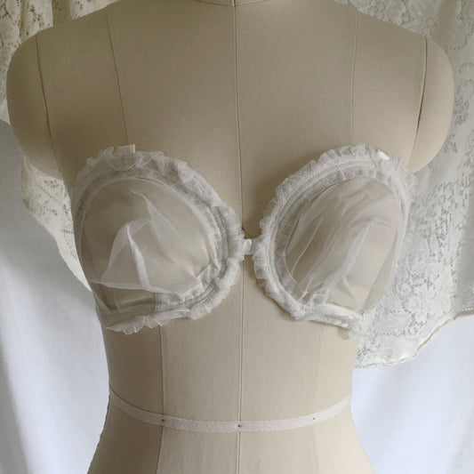 Vintage 1940's Monowire Bra | Sheer White Tulle Mesh with Ruffles & Satin | Lilly of France | Size 32 B, 32 C - Daggers & Dames