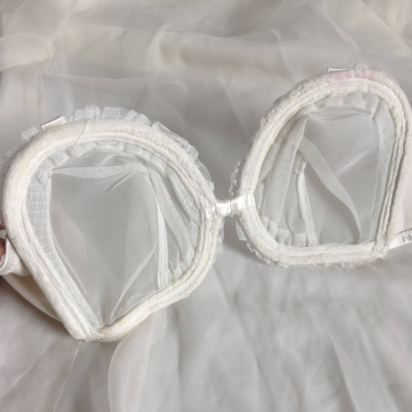 Vintage 1940's Monowire Bra | Sheer White Tulle Mesh with Ruffles & Satin | Lilly of France | Size 32 B, 32 C - Daggers & Dames