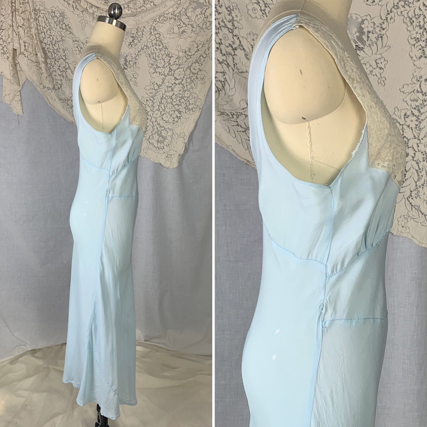 Vintage 1940's Nightgown | Baby Blue Rayon with Ivory Lace | Size S | Lady Edso - Daggers & Dames