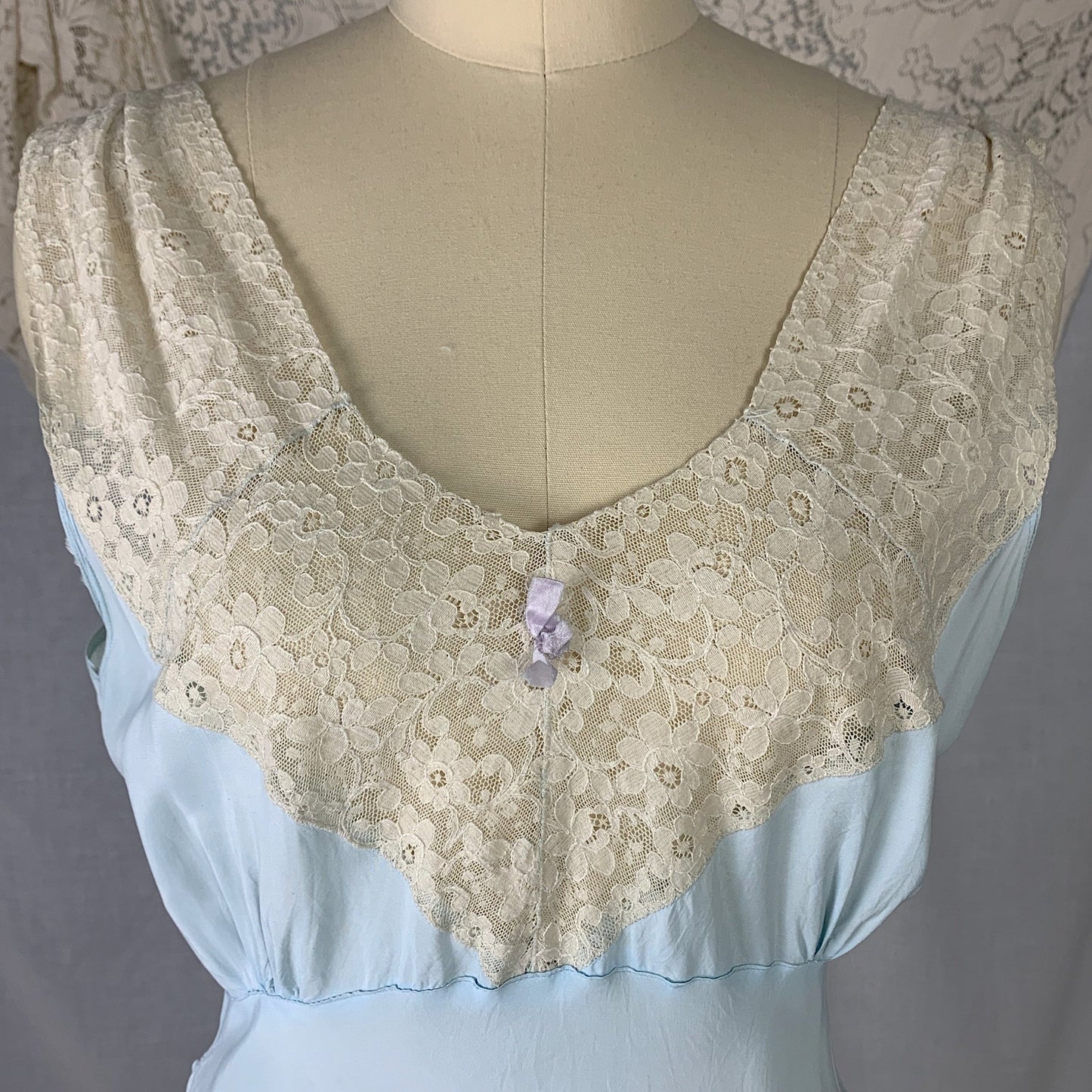 Vintage 1940's Nightgown | Baby Blue Rayon with Ivory Lace | Size S | Lady Edso - Daggers & Dames