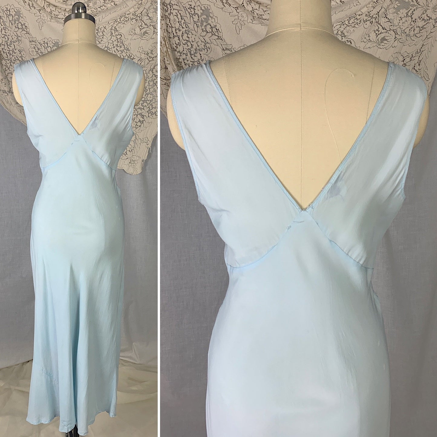 Vintage 1940's Nightgown | Baby Blue Rayon with Ivory Lace | Size S | Lady Edso - Daggers & Dames