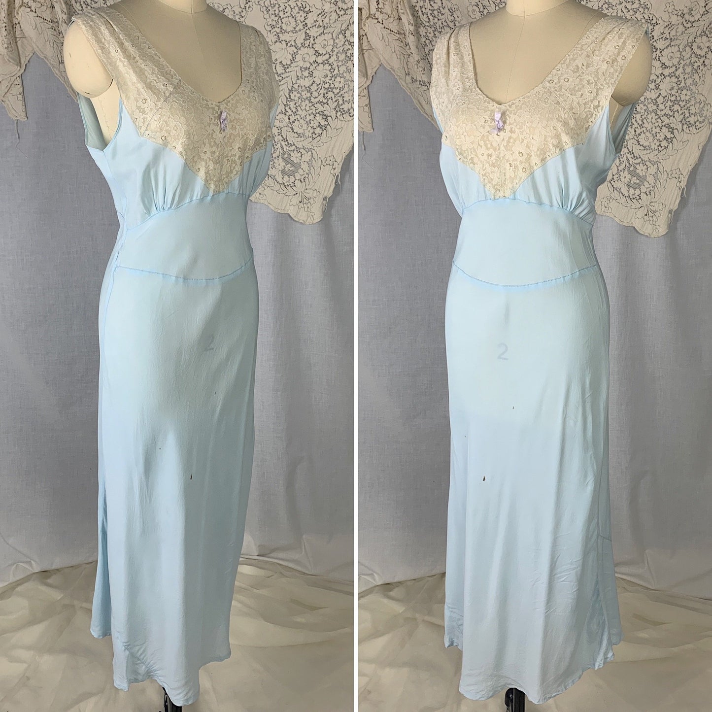 Vintage 1940's Nightgown | Baby Blue Rayon with Ivory Lace | Size S | Lady Edso - Daggers & Dames
