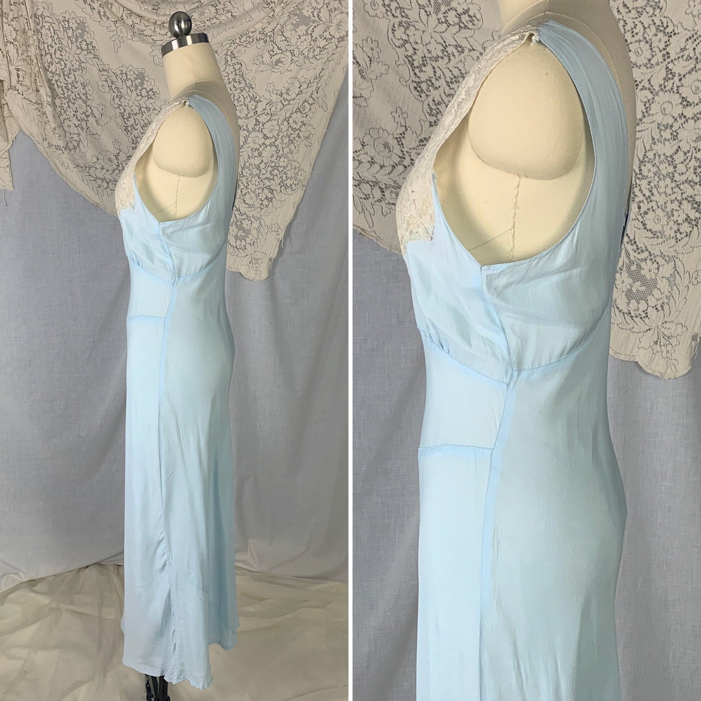 Vintage 1940's Nightgown | Baby Blue Rayon with Ivory Lace | Size S | Lady Edso - Daggers & Dames