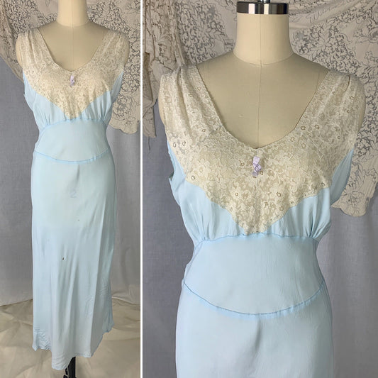 Vintage 1940's Nightgown | Baby Blue Rayon with Ivory Lace | Size S | Lady Edso - Daggers & Dames