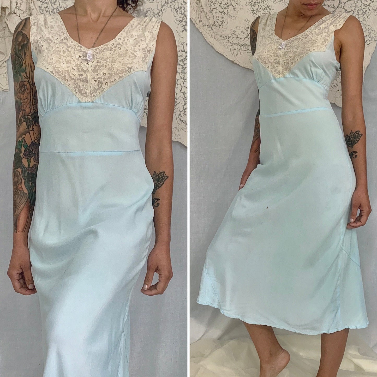 Vintage 1940's Nightgown | Baby Blue Rayon with Ivory Lace | Size S | Lady Edso - Daggers & Dames