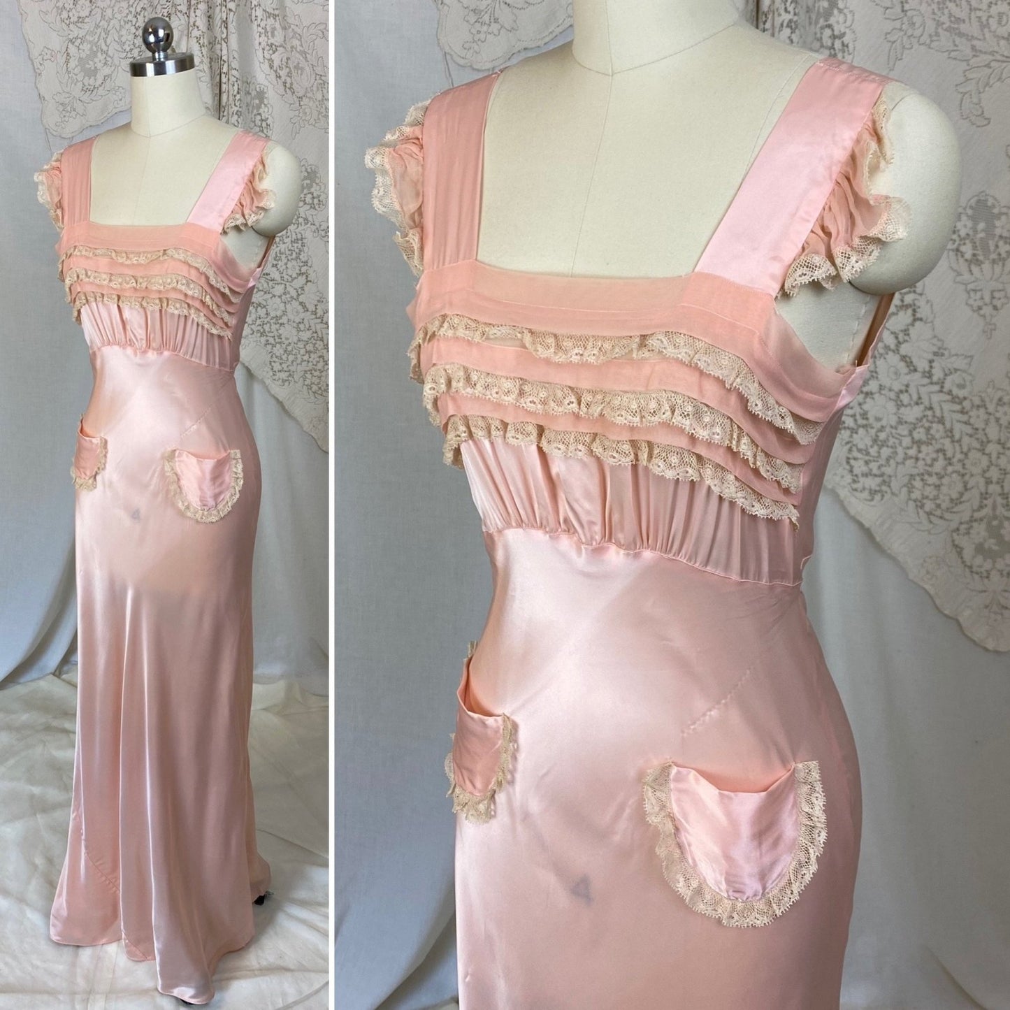 Vintage 1940's Nightgown | Baby Pink Rayon Satin with Ruffled Lace & Silk Chiffon | Size XS - Daggers & Dames