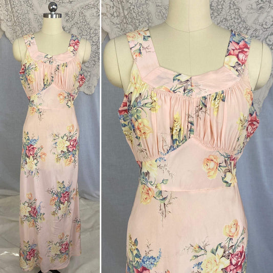 Vintage 1940's Nightgown | Baby Pink with Bold Floral Print | Size 34-36 Bust, S, M | Radcliffe -Never Worn - Daggers & Dames
