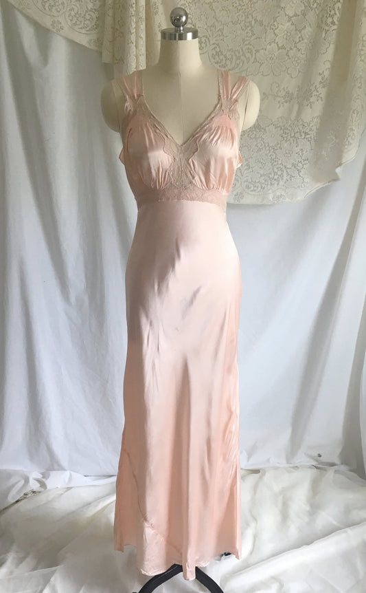 Vintage 1940's Nightgown | Blush Pink Rayon Satin with Nude Lace & Bias Cut | Size S - Daggers & Dames