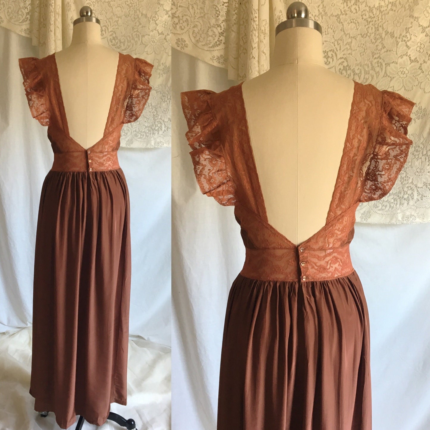 Vintage 1940's Nightgown | Brown Rayon with Bronze Sheen Finish & Chantilly Lace | Size XS - Daggers & Dames