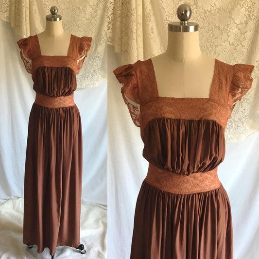 Vintage 1940's Nightgown | Brown Rayon with Bronze Sheen Finish & Chantilly Lace | Size XS - Daggers & Dames