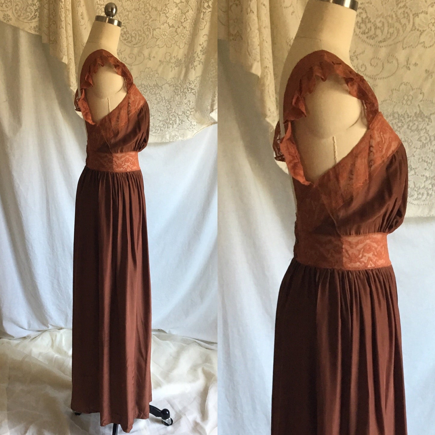 Vintage 1940's Nightgown | Brown Rayon with Bronze Sheen Finish & Chantilly Lace | Size XS - Daggers & Dames