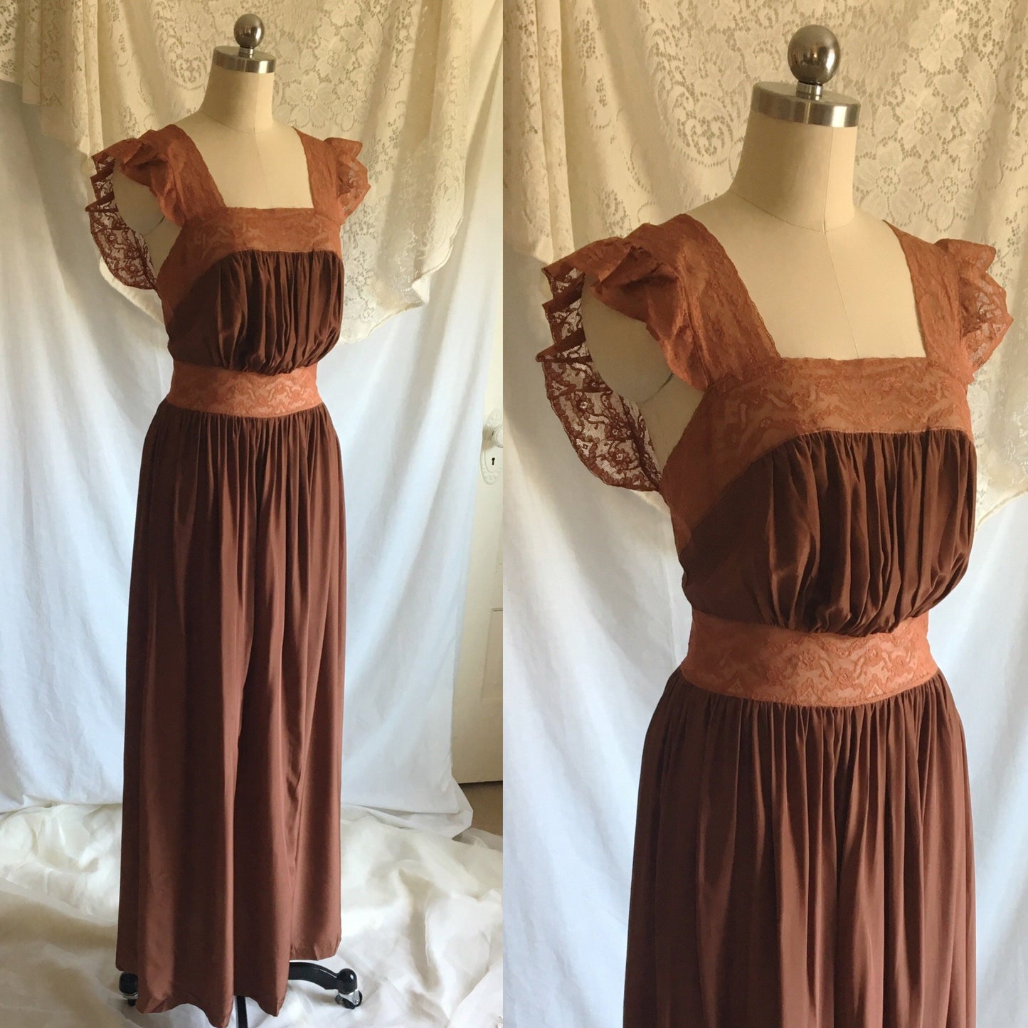 Vintage 1940's Nightgown | Brown Rayon with Bronze Sheen Finish & Chantilly Lace | Size XS - Daggers & Dames