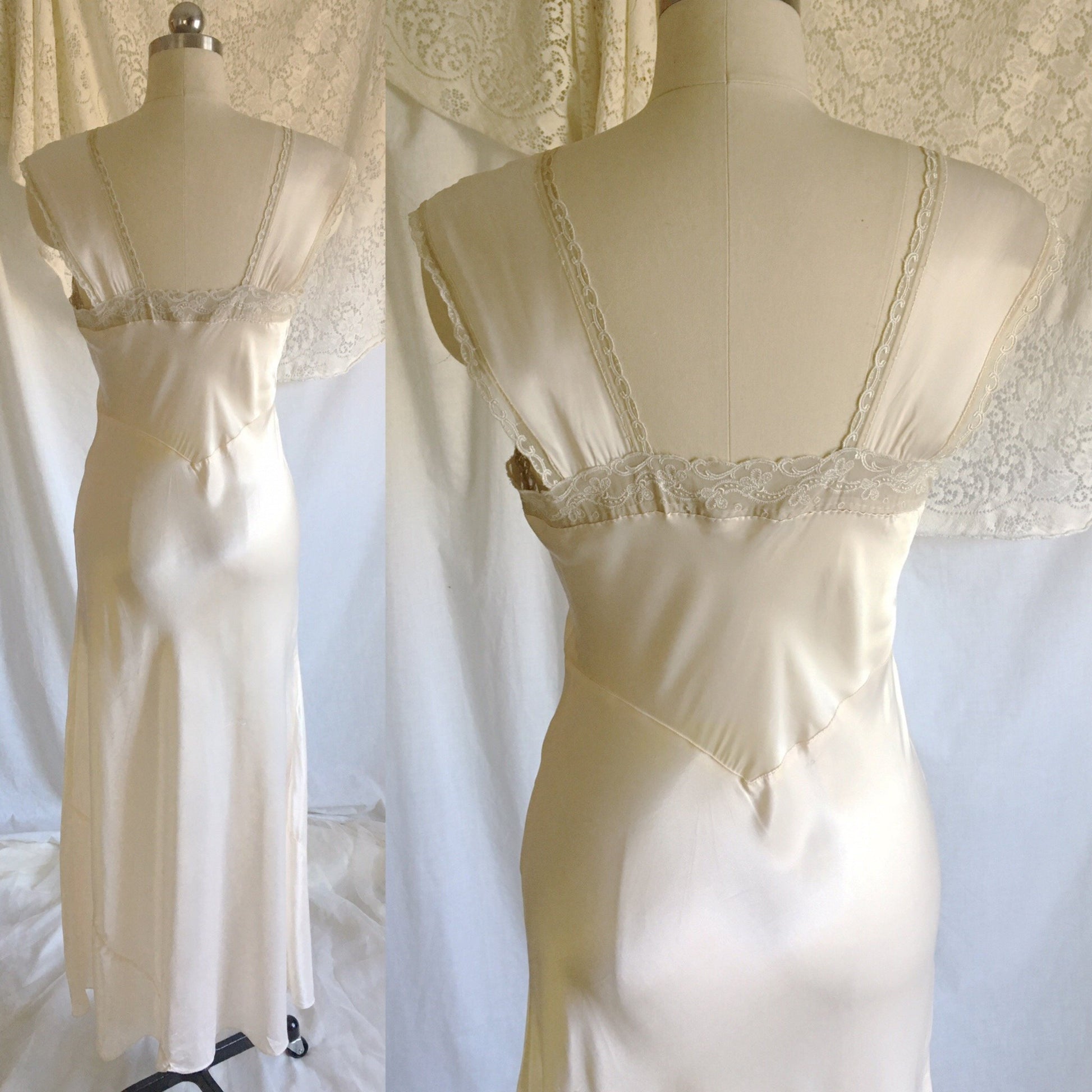 Vintage 1940's Nightgown | Buttercream White Rayon Satin with Embroidered Chiffon | Size S, MED - Daggers & Dames
